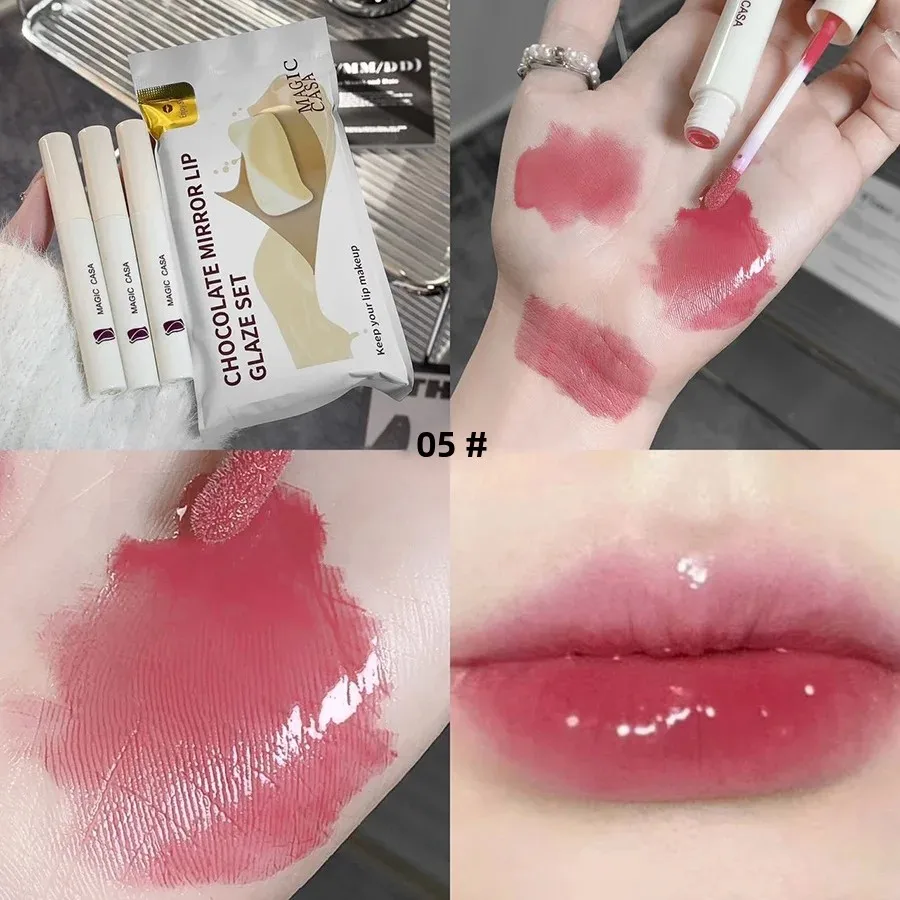 Conjunto de esmalte labial mágico casa, espelho de chocolate, longa duração, à prova d'água, copo antiaderente, brilho labial, hidratante, batom líquido