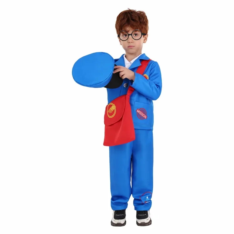 WU01 Kids Delivery Man Postman Cosplay Blue Uniform Boys Girls Mailman Halloween Cosplay Costumes Purim Carnival PerformancJk5*！