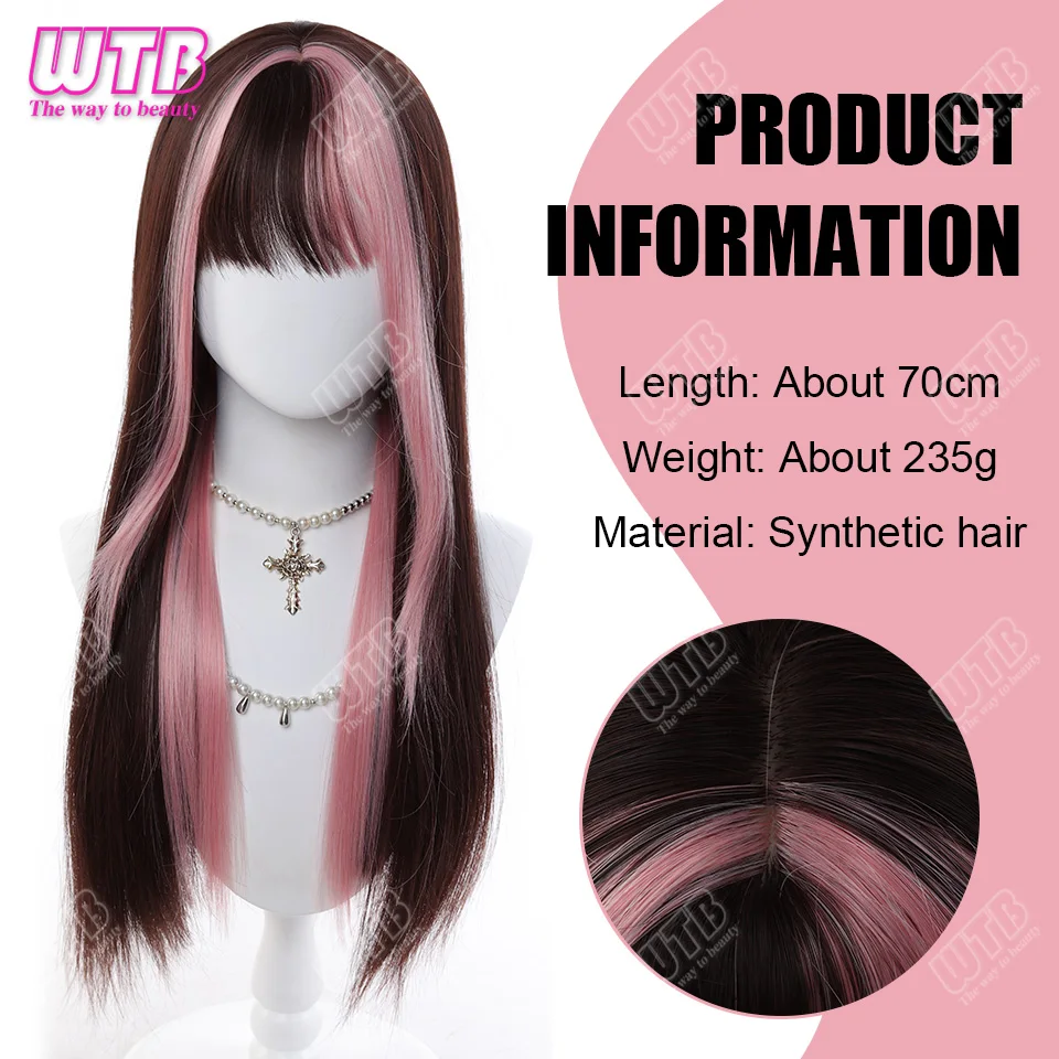 Pink Black Highlight Synthetic Lolita Wig Women's Long Straight Wig With Straight Bangs Suitable For Festivals Daily Wear