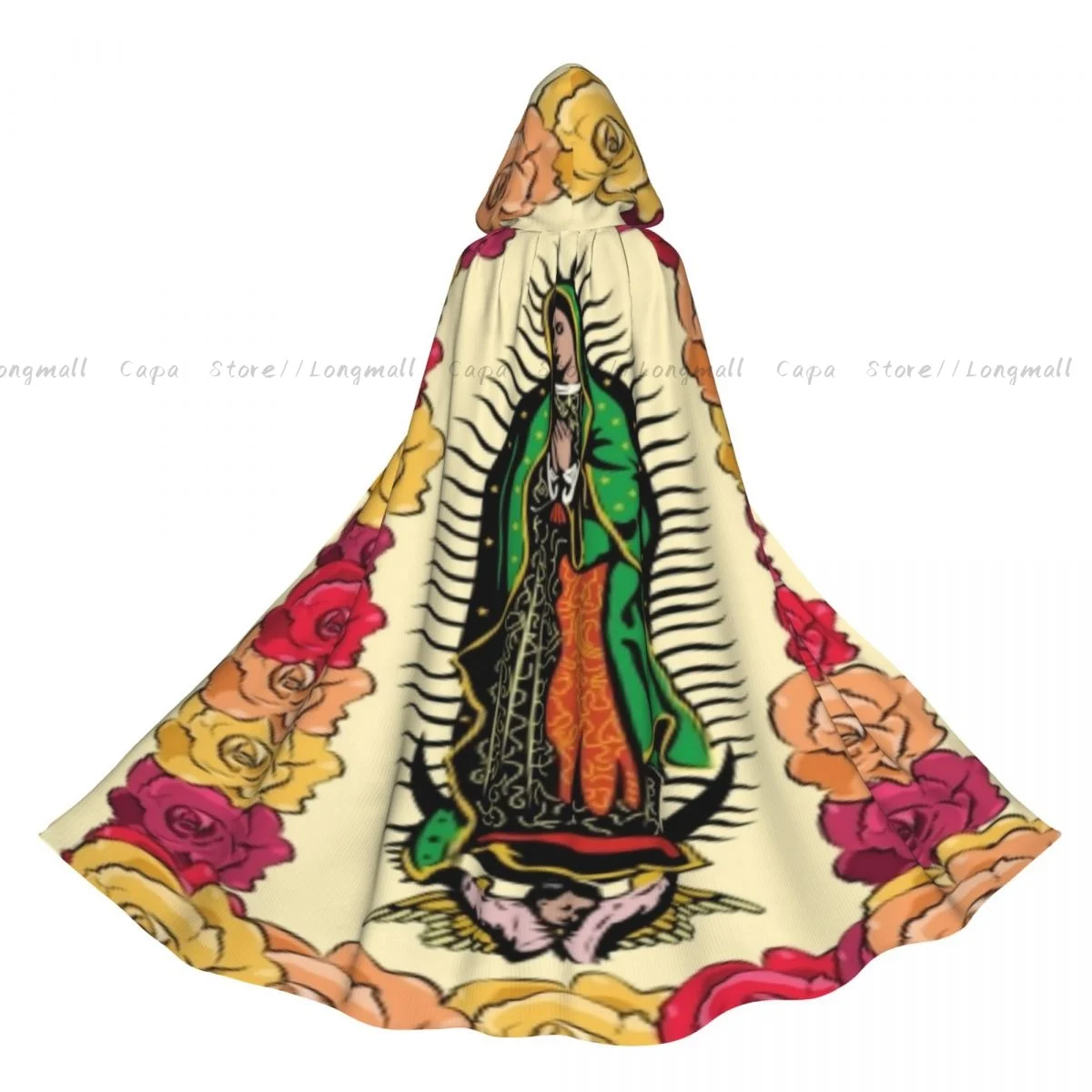 The Virgin Of Guadalupe And Roses Cloak Hooded Cosplay Costume Halloween Adult Long Party Cape