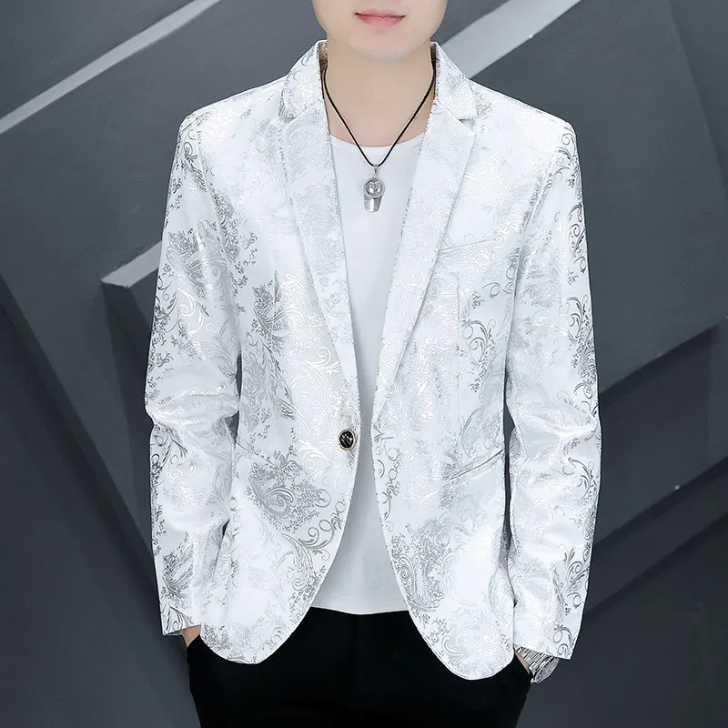 

Повседневный мужской пиджак с принтом в корейском стиле, приталенный, с золотой вышивкой, весенне-осенний, модный, повседневная верхняя одежда