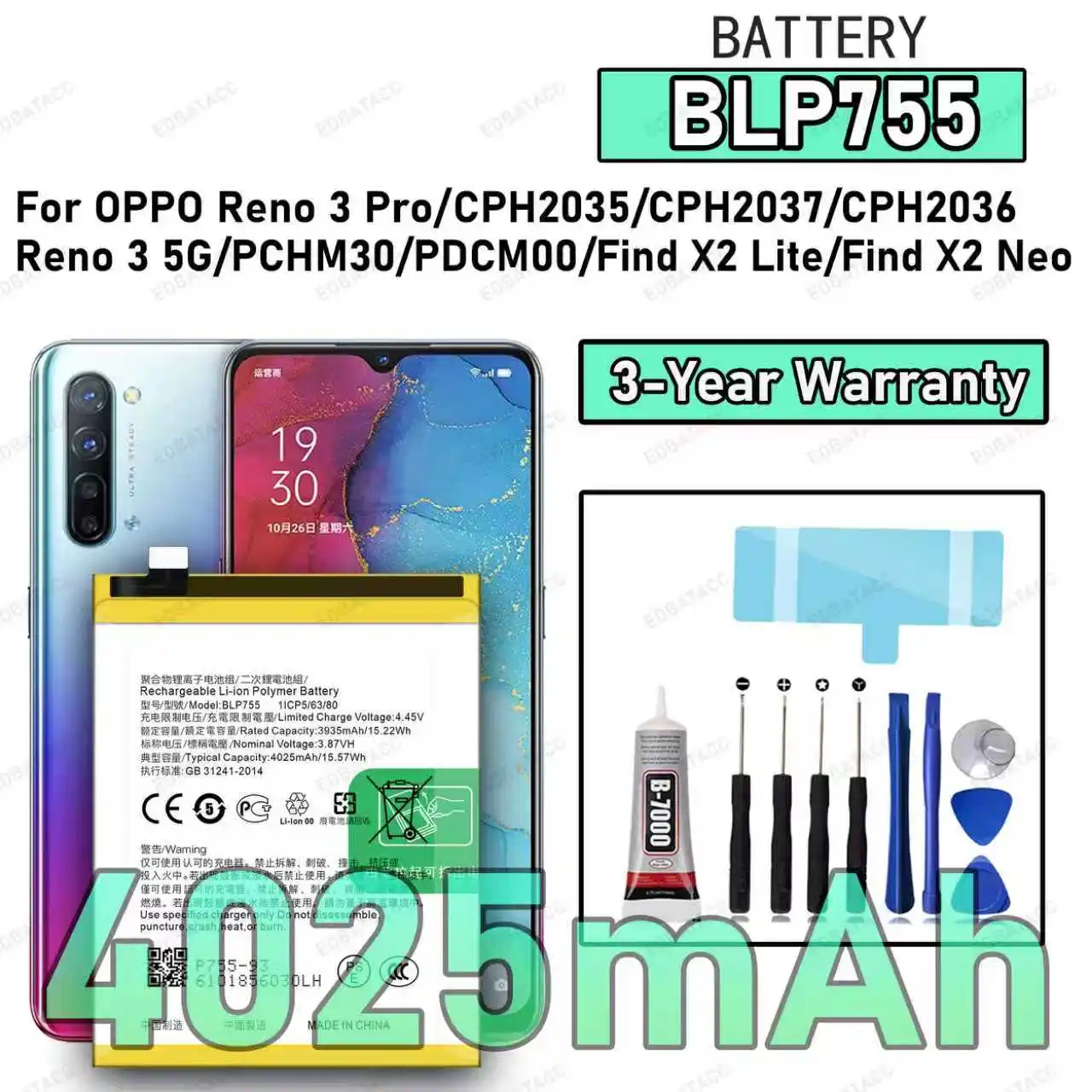 

100% New High Quality BLP755 Battery For OPPO Reno 3 Pro/CPH2035/CPH2037/CPH2036/RENO 3 5G/FIND X2 LIte Replacement Battery Bate