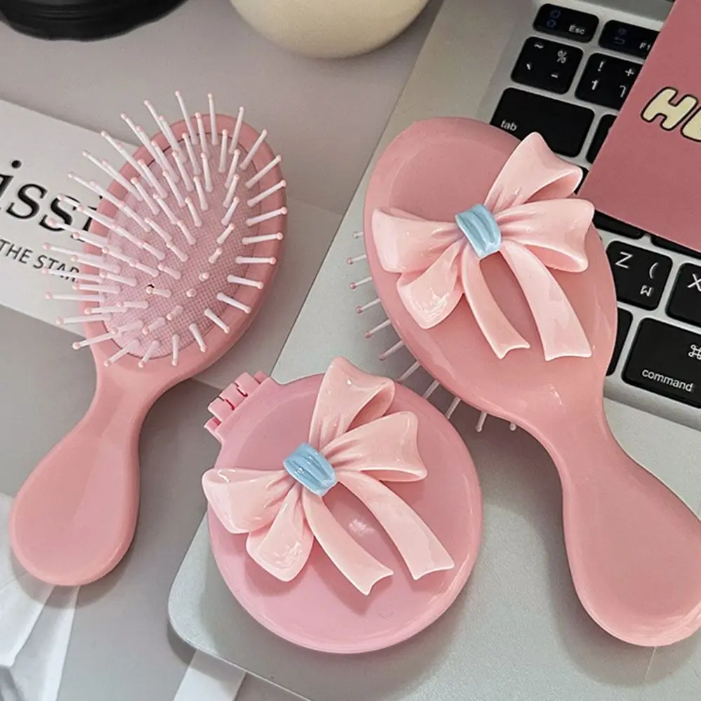 Durable Pink Round Folding Comb with Mirror Anti Static Bow Decor Air Cushion Comb Princess Style Compact Massage Comb Girl