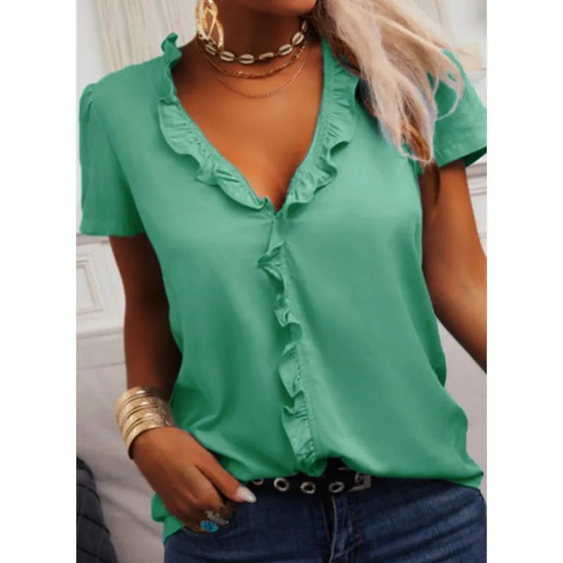 Elegant Light Blue Loose Shirt 2025 Summer Solid Color Ruffle Shirt Women's Top Short Sleeve blusas Office Lady Pullover Blouse