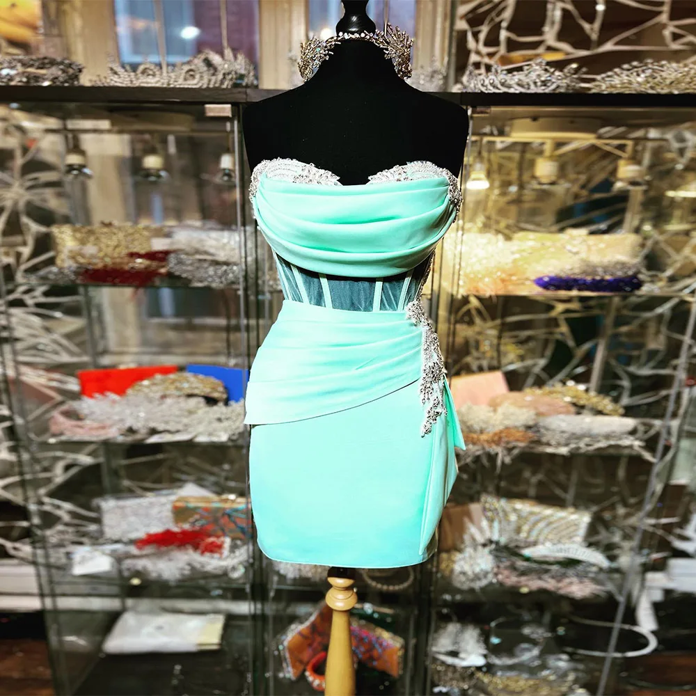 

Mini Short Mint Cocktail Dress For Women Sheath Cocktail Gown Strapless Sleeveless Beading Wedding Party Gown