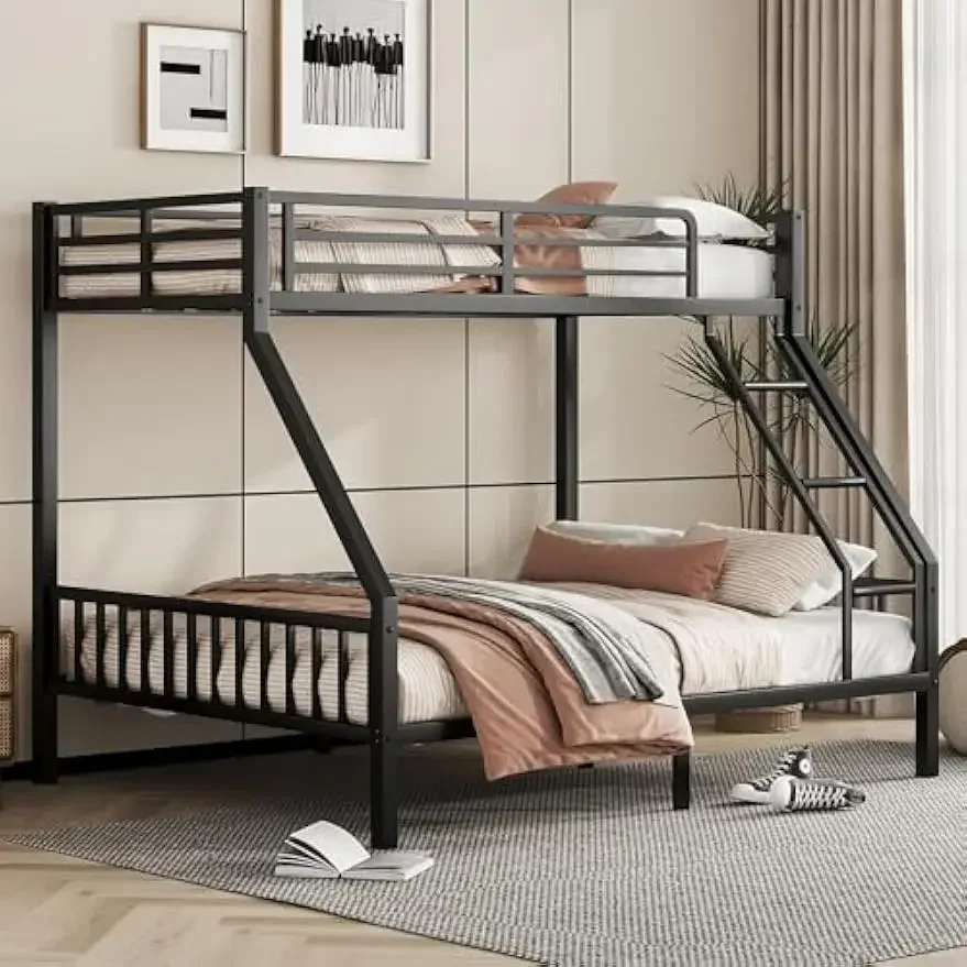 Over Queen Bunk Bed, Heavy Duty Bunk Bed with PVC Rubber Cover Ladder and Full-Length Guardrails, Metal Queen Bed Frame with Sla