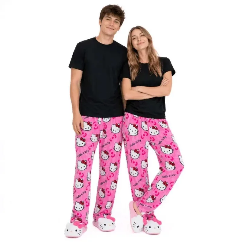 Hello Kitty Cartoon Print Flannel Pajama Pants Men Women Soft Fuzzy Warm Loungewear Wide Leg Sleep Trousers Couple Gift