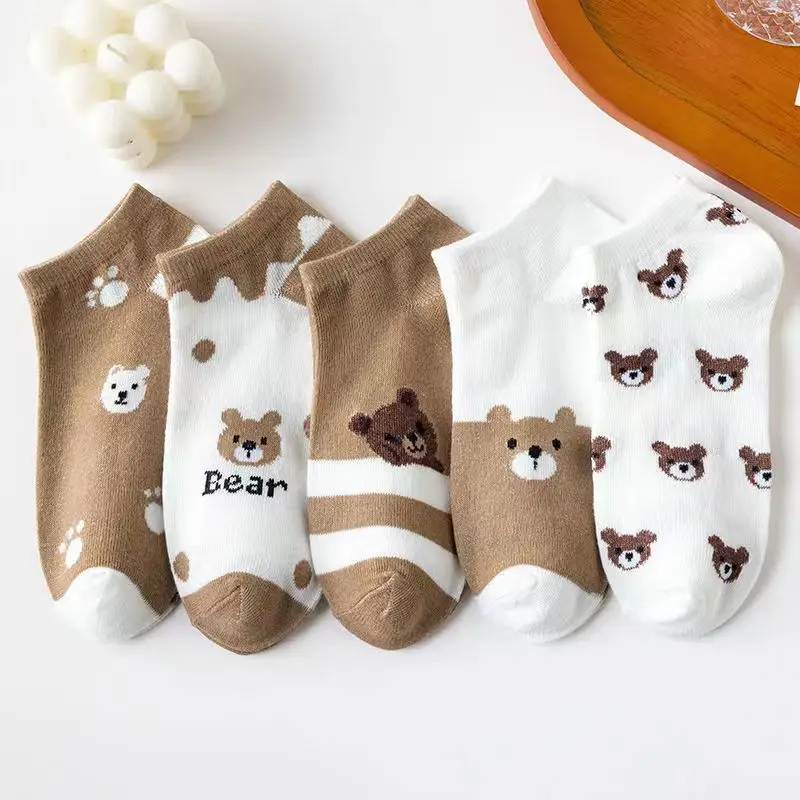5 par skarpetek do kostki Cute Cartoon Bear dla kobiet - miękkich, lekkich i wygodnych