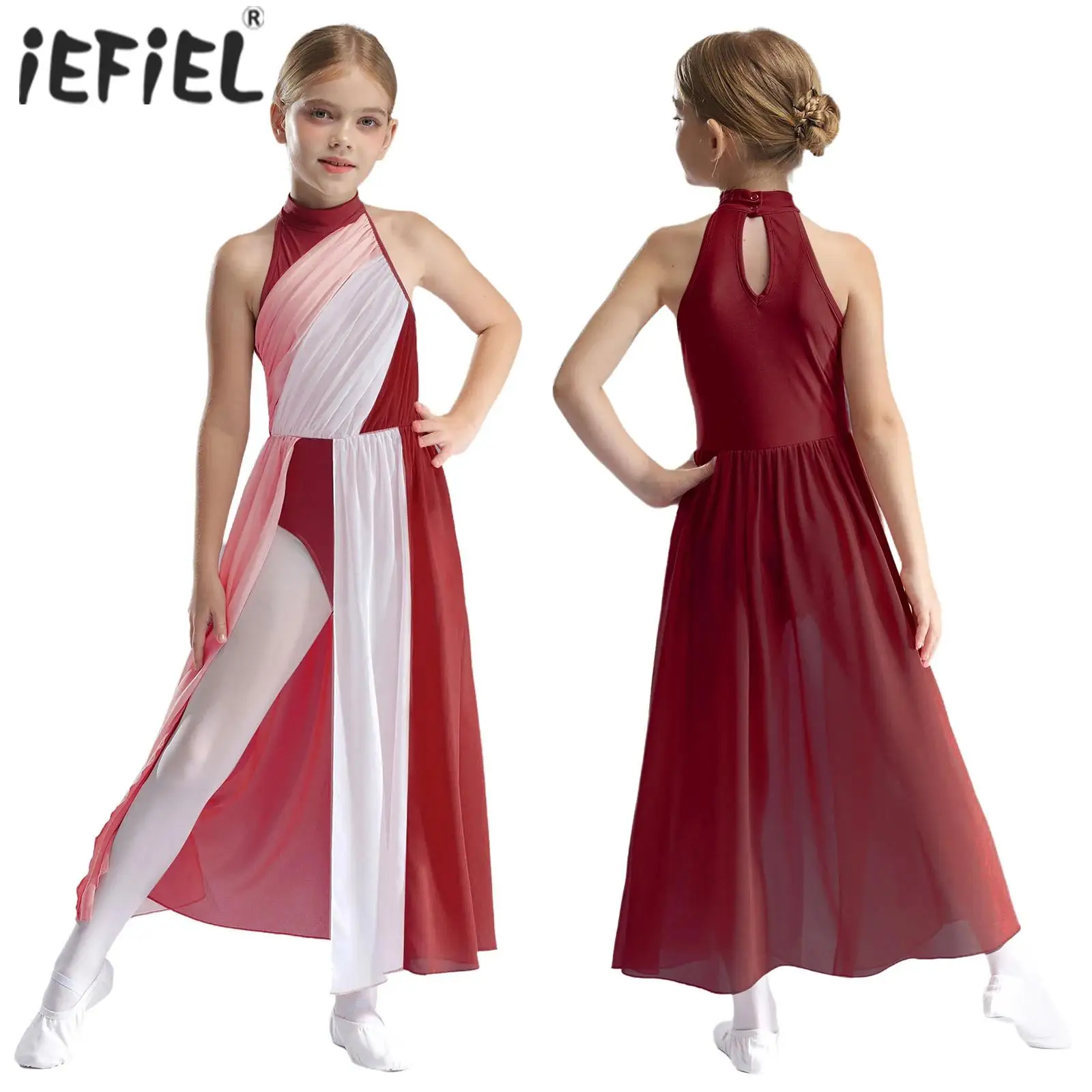 キッズガールズバレエ叙情的ダンスドレス体操ダンスウェア鍵穴バックスプリットマキシドレスモダンコンテンポラリーステージ衣装用