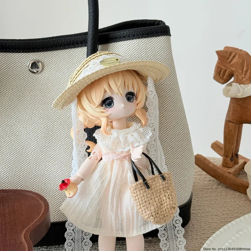 Lace Dress Set for Bunny Dream Box BJD, OB24 17cm Clothes with Straw Hat Bag Shoes, Cosplay Outfit (Doll Not Included)