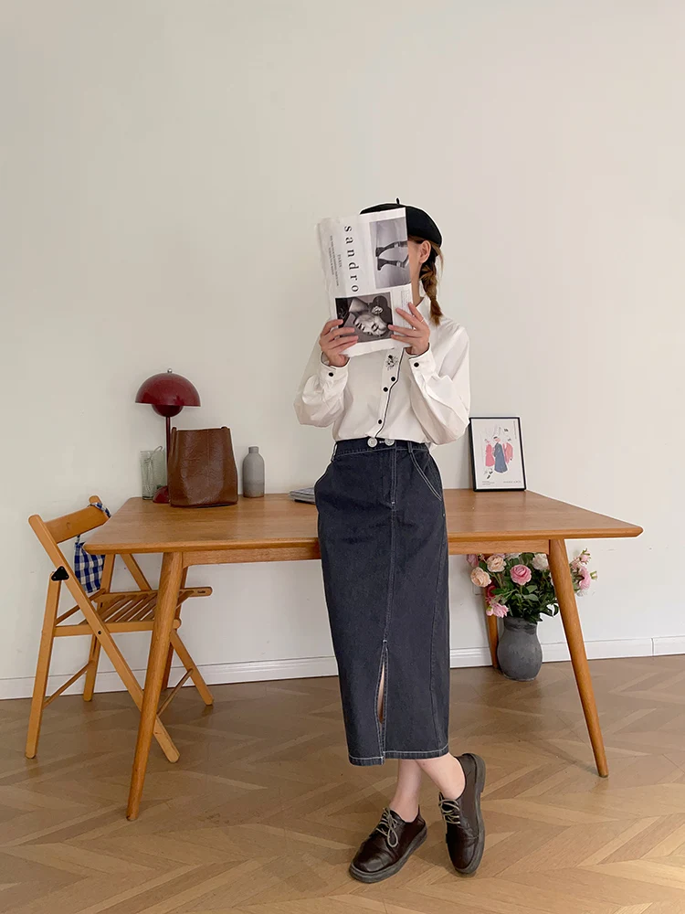 

Джинсовая юбка А-силуэта с высокой талией и разрезом, осень 2023, новая, длинная, в корейском стиле, однотонная, для офиса