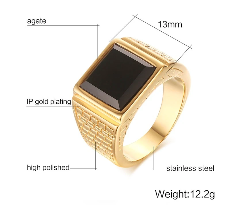 Vintage Square Gold Color Ring For Men Black Stone Stainless Steel Male Jewelry Big Size 7 To Size 13Amazing Price