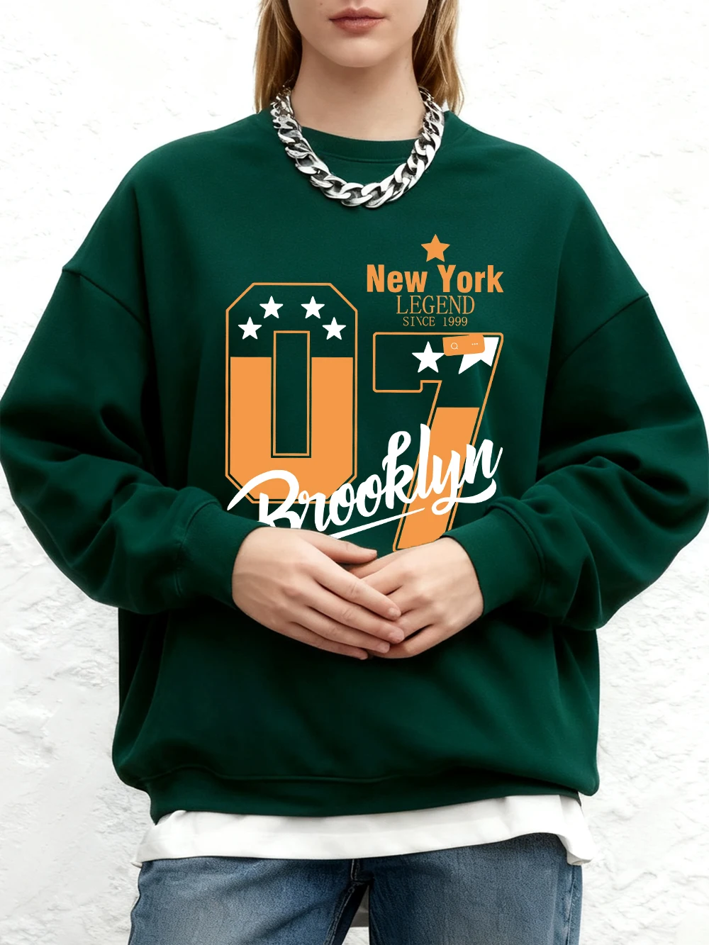 نيويورك بروكلين 07 الطباعة بلوزات المرأة الشتاء فضفاض هوديس الصوف الدافئة عداء ببطء القمم عادية Crewneck امرأة الشارع الشهير