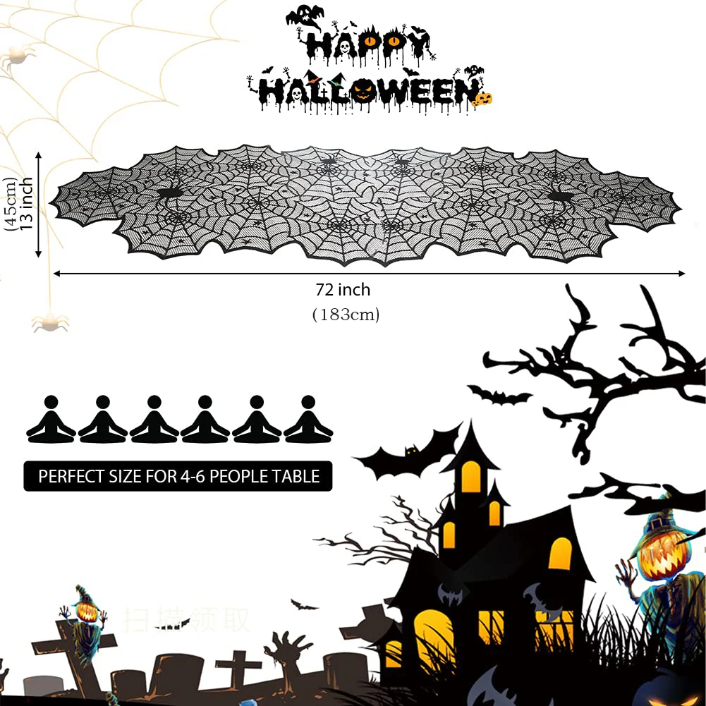 Halloween Table Runner, Black Lace Spider Web Table Runners for Halloween Decor/Party Dinner Table Decoration 18 x 72Inch