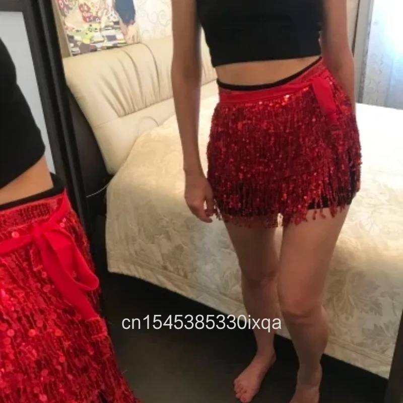 24 Colors Women's Bellydance Tassel Belt 4 Rows Strips Rectangle Hip Scarf with Sequins Fringes for Dance Clothing Accessories