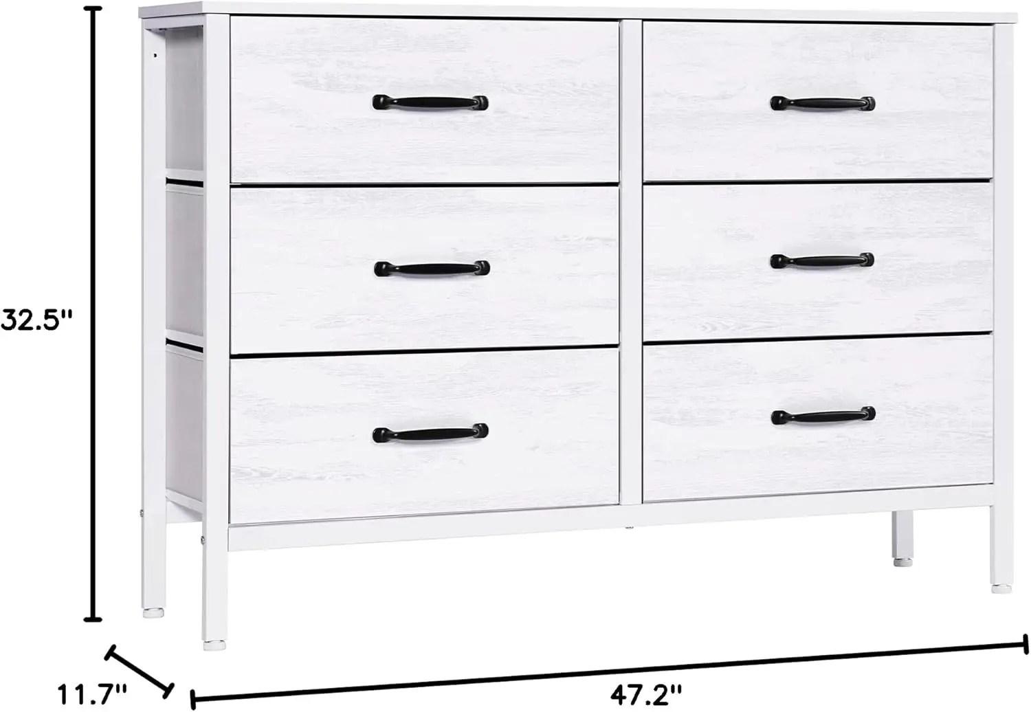 White Dresser with 6 Drawers, Wide Dresser for Bedroom and 50 Inch TV, with Metal Frame, Wood Top, Fabric Drawer Dresser