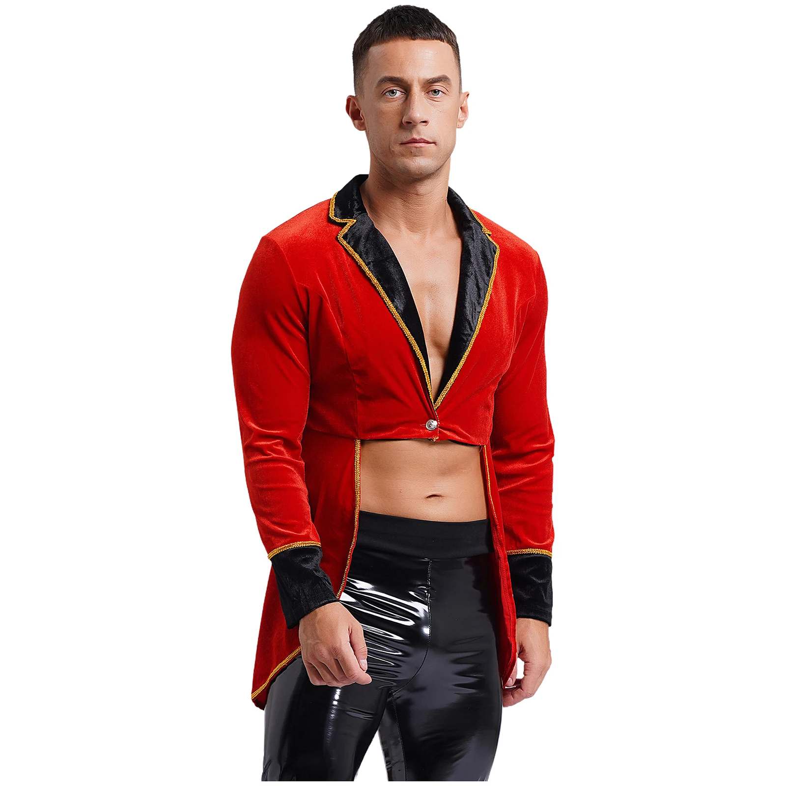 Mens Circus Ringmaster Tuxedo Jacket Halloween Carnival Cosplay Party Costume Long Sleeve Velvet Swallow-Tailed Blazer Coat