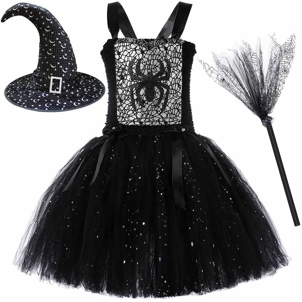 

Sparkly Wicked Witch Halloween Costumes for Girls Kids Twinkle Black Spider Cosplay Tutu Dress Up Outfits with Magic Hat Broom