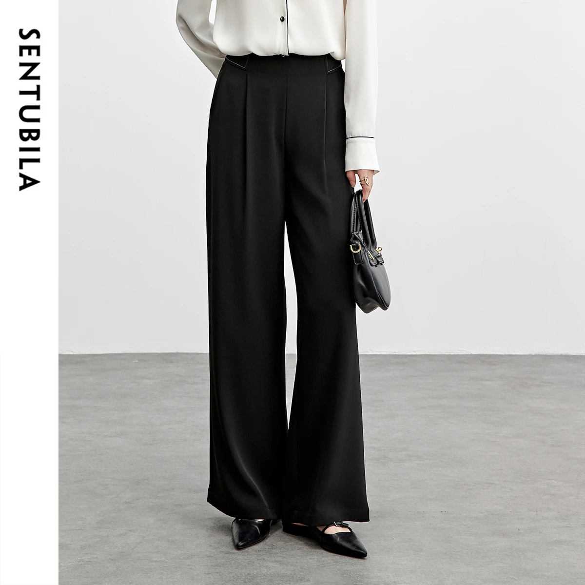 SENTUBILA 女性ドレープブラックワイドレッグパンツオフィスレディ構造プリーツロングパンツ 2025 春秋服 151K57631