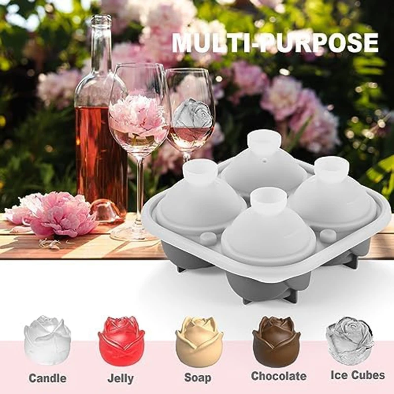 3D Rose Ice Square Mold,Ice Square Trays,Make 4 Giant Cute Flower Shape Ice,Dishwasher Fun Big Ice Ball Maker