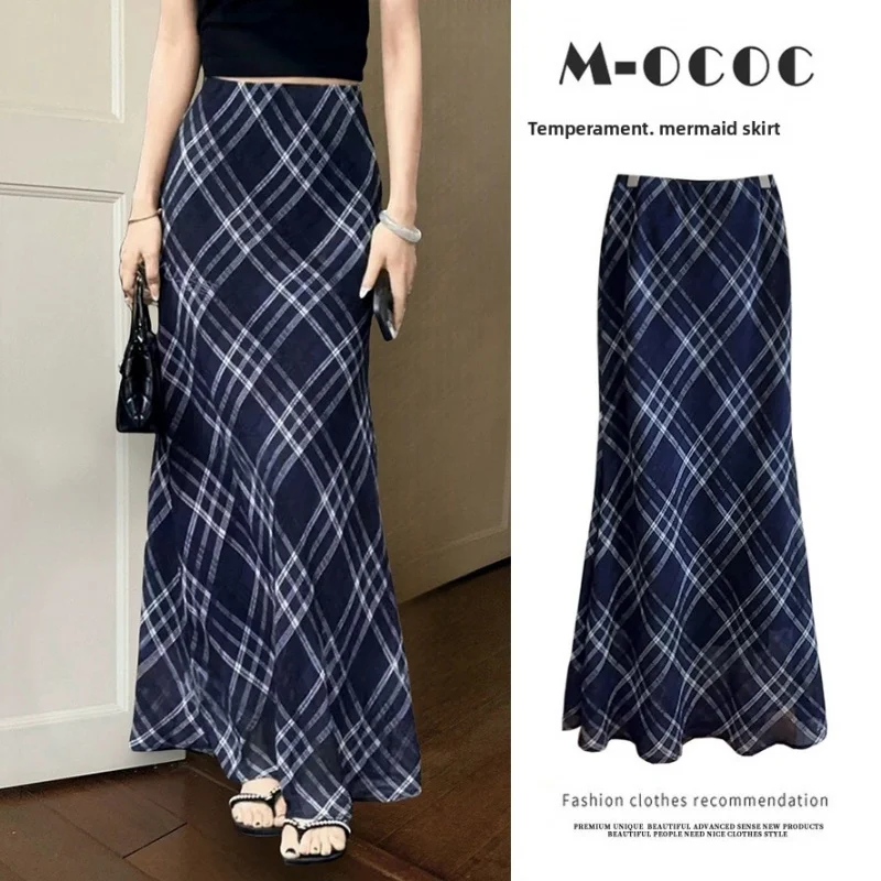 

Retro artistic blue-toned lightweight gauze textured plaid skirt for women, fishtail skirt, summer slimming plaid elegant long s