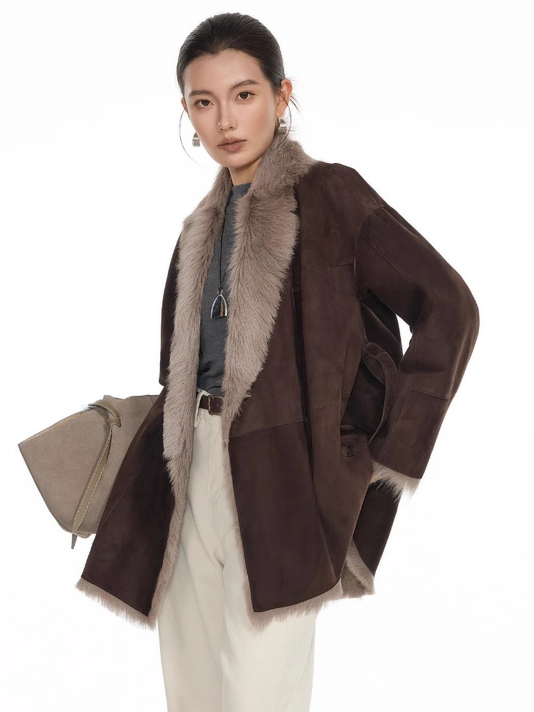 High-end luxe Toscana lamsbont winter suède jassen voor dames eenvoudige elegante lederen echt bont shearling jas met riem