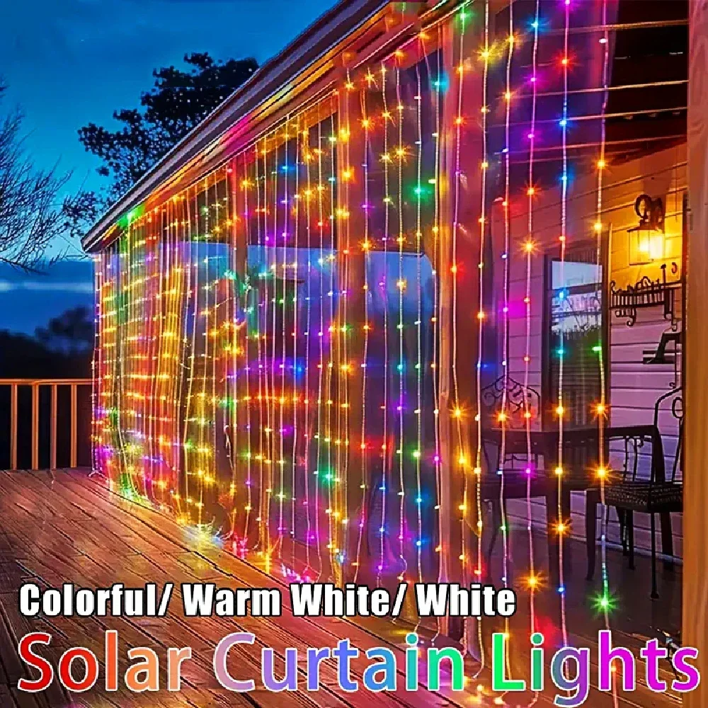 Solar Colorful Curtain Lights Outdoor Solar Curtain Lights 8 Modes Dimmable Fairy String Lights for Garden Wedding Party Decor