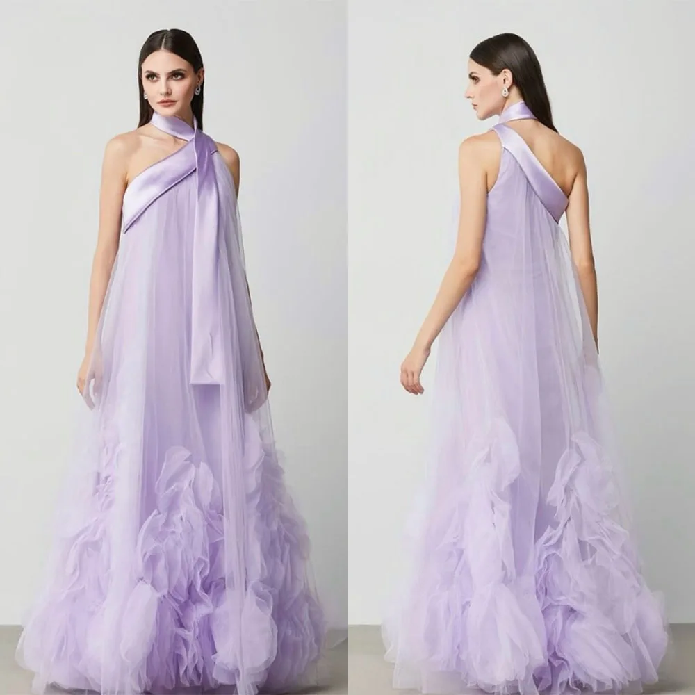 

Высокое качество, индивидуальный Холтер длиной до пола, фиолетовый тюль, без рукавов, с цветами, Vestidos Elegantes Para Mujer Para Una Boda فستان