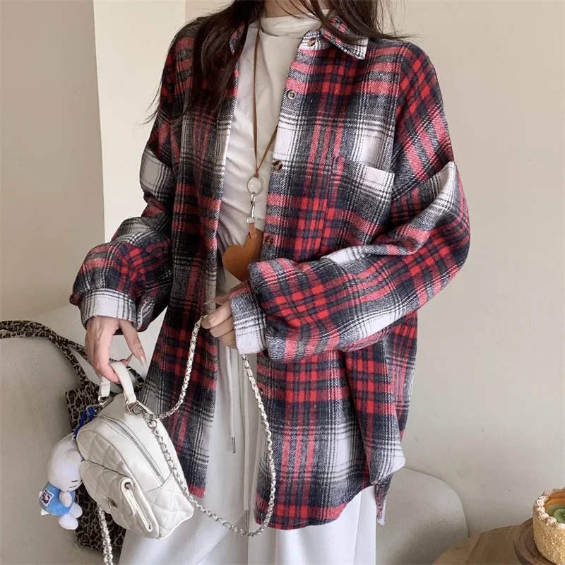 AOSSVIAO 2023 Herbst Winter Neue Casual Shirt Frauen Dicke Wolle Plaid Bluse Lose Lange Ärmeln Tops Lange Shirts