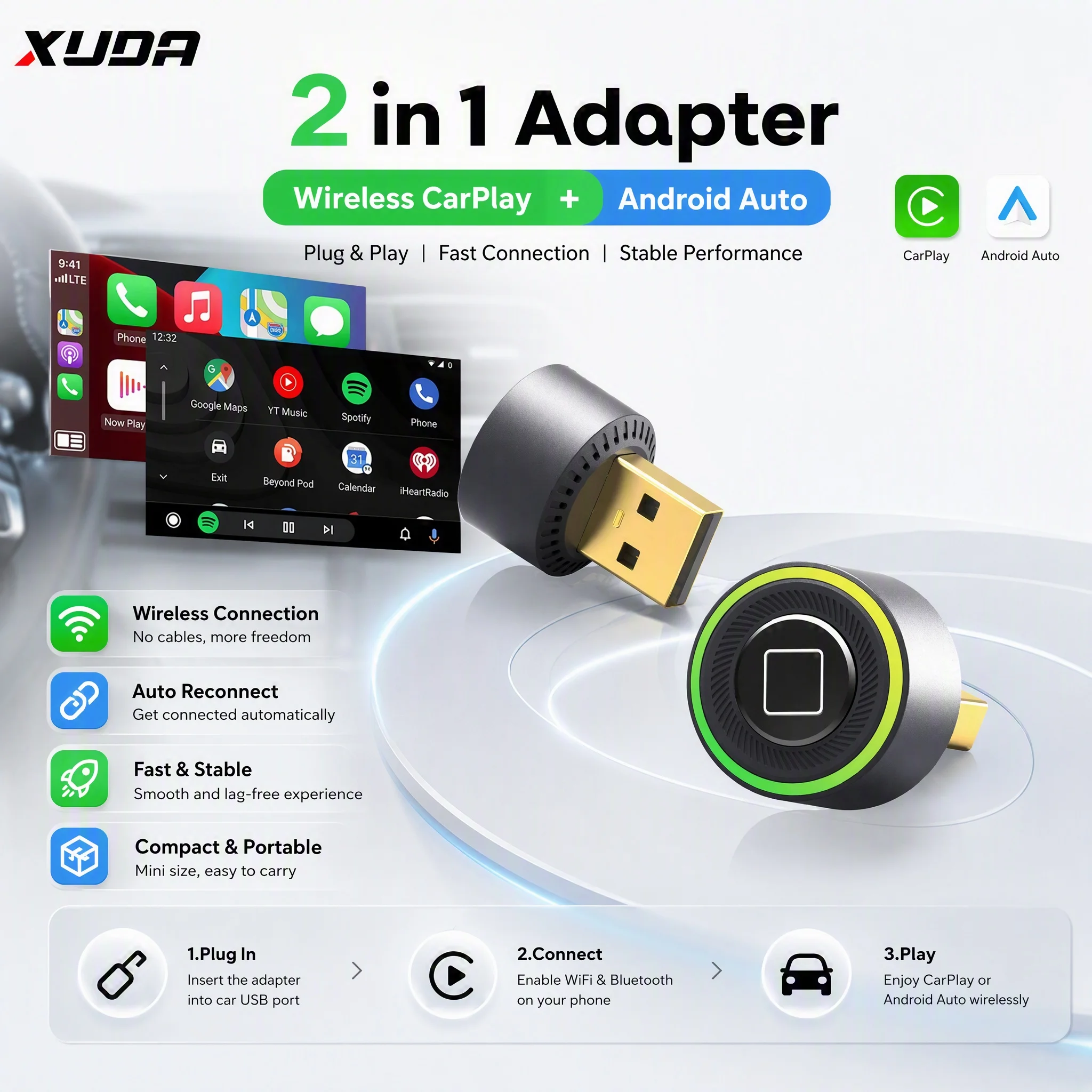 2026 New Mini Carplay AI Box Wired to Wireless CarPlay/Android Auto 2in1 Adapter 5GHz WiFi5 One Click Swith or Disconnect