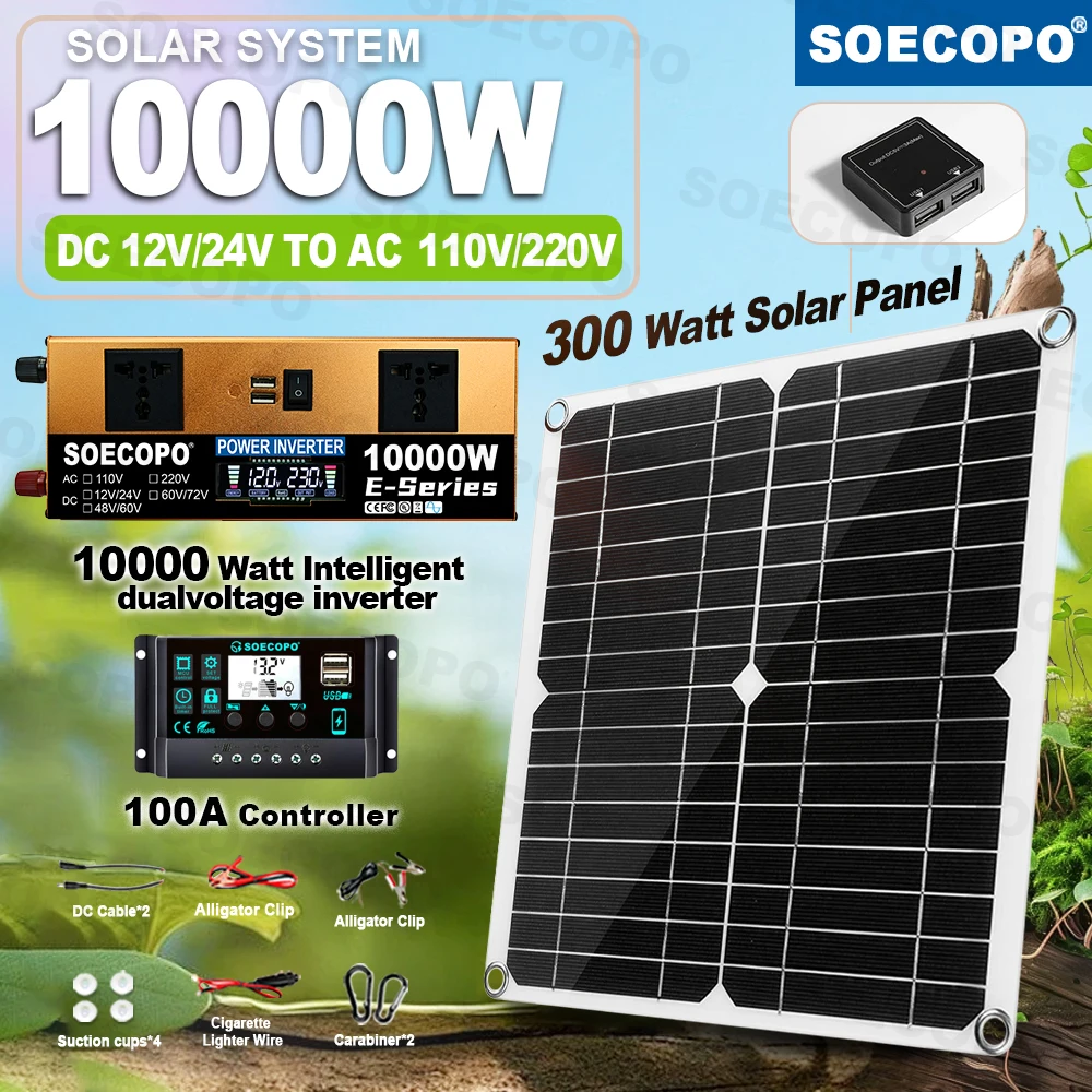 Dustproof Long Lifespan 10000W Solar Kit Complete No Noise Inverter 300W Photovoltaic Panel 100A Controller for Generators Home