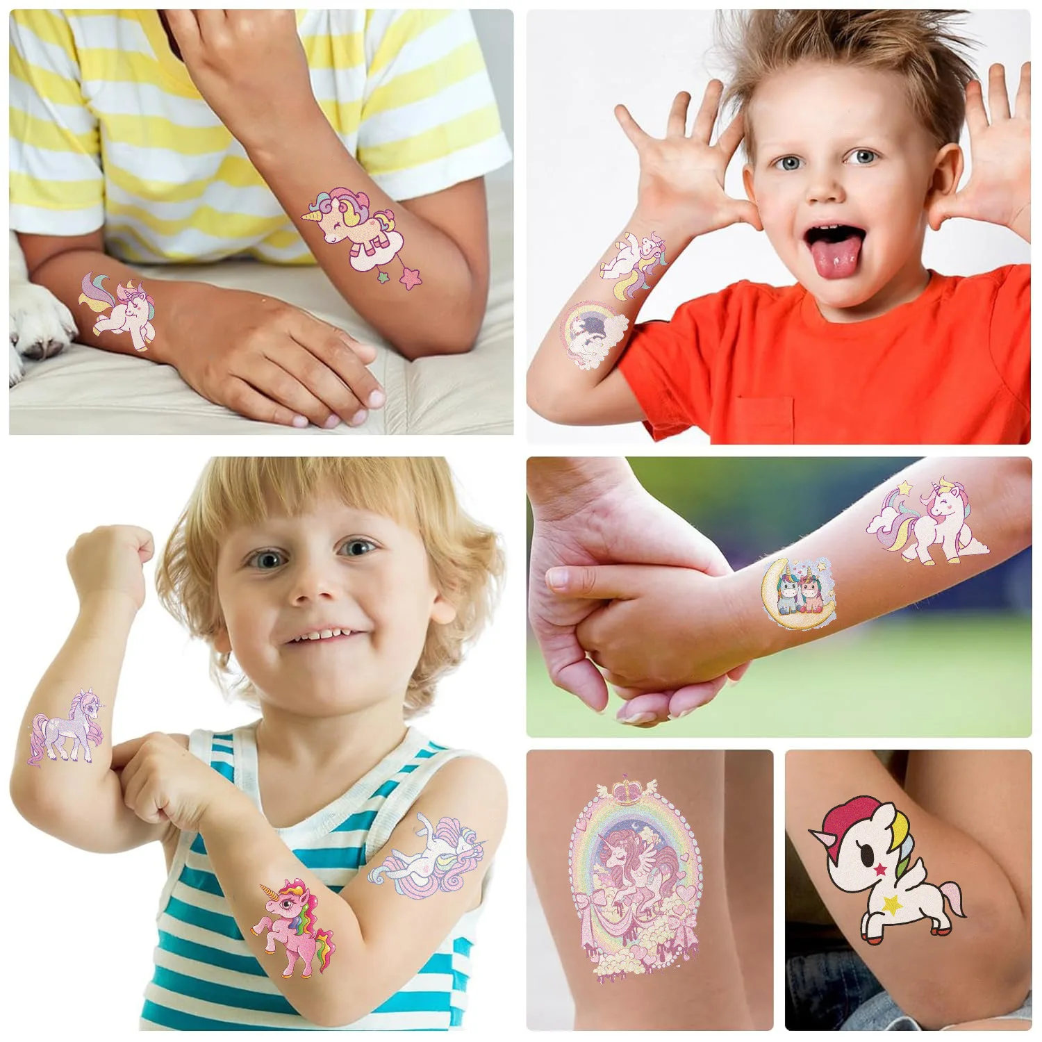 Pegatinas de tatuaje de unicornio para niños, tatuaje falso temporal, brazo, manos, cuerpo, juguetes de regalo, 10 hojas