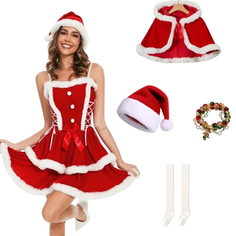 

Christmas Princess Lolita Tutu Long Dresses New Year Cosplay Red Suspender Dress with Cloak Socks Hat Full Set for Women