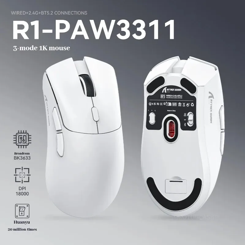 Attack Shark R1 Bluetooth Wireless Gaming Mouse 18000DPI PAW3311 1KHZ Macro Mouse for PC and Laptop with Mouse Pad