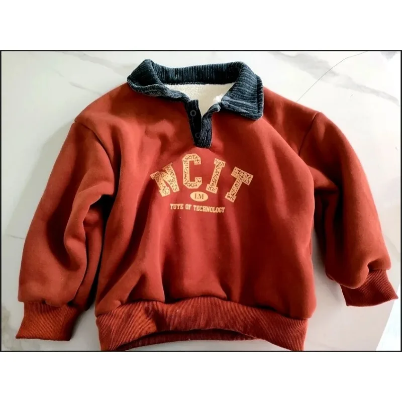 1-7Y New Autumn Winter Children Polo Shirt Girl Baby Fleece Lamb Wool Warm Sweatshirt Boy Retro Kid Lapel Plus Velvet Thick Tops