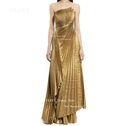 OLOEY Elegant Custom Made Strapless Evening Dress Pleats Satin Golden Wedding Party Prom Dress Zipper Back Floor Length