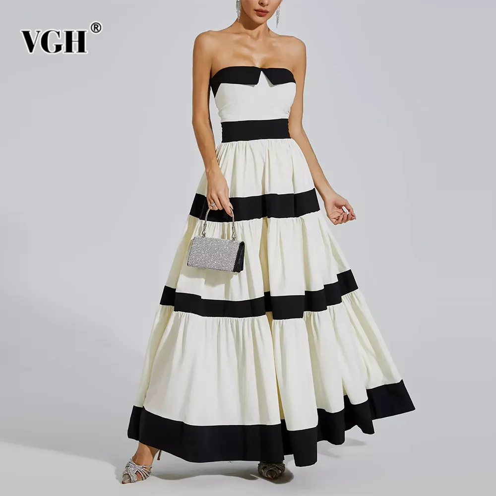 

VGH Hit Color Patchwork Bowknot Elegant Dresses For Women Strapless Sleeveless Backless High Waist Long Dress Female Fashion New