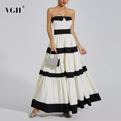 VGH Hit Color Patchwork Bowknot Elegant Dresses For Women Strapless Sleeveless Backless High Waist Long Dress Female Fashion New