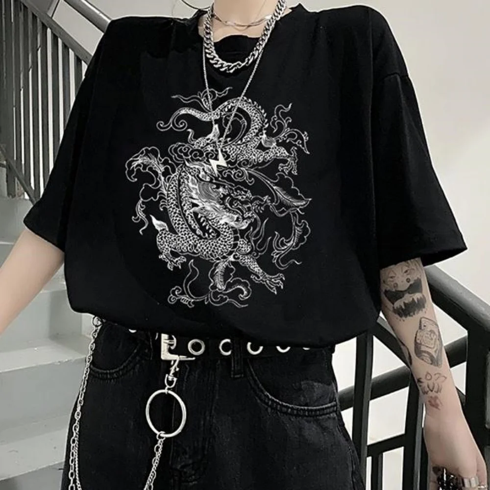 ملابس كورية لطيفة على الطراز القوطي التنين الشرير للجنسين بأكمام قصيرة هيب هوب عتيقة مطبوعة بار هاراجوكو للجنسين