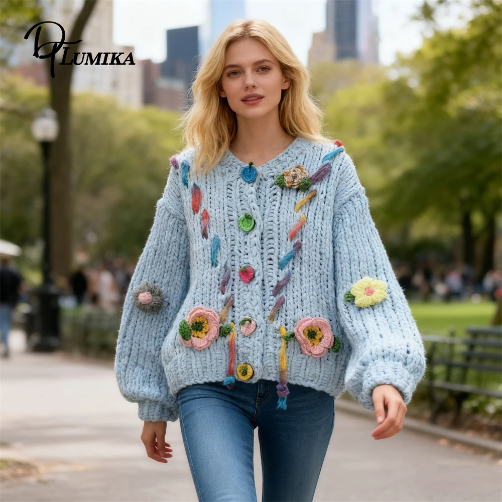 

DTLumika 2025 Новый женский кардиган ручной работы крючком с красочными цветочными аппликациями, свободный крой, голубой, один размер