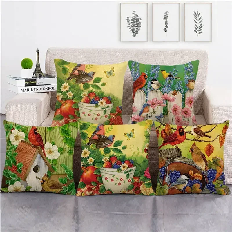 Beautiful watercolor flowers bird cushion cover Plant  pillow cover Used for Sofa Car Home decoration pillow case 45x45cm