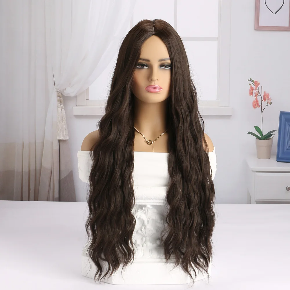 

European and American women's synthetic popular fashion middle-parted long wavy hair wig, fiber wig