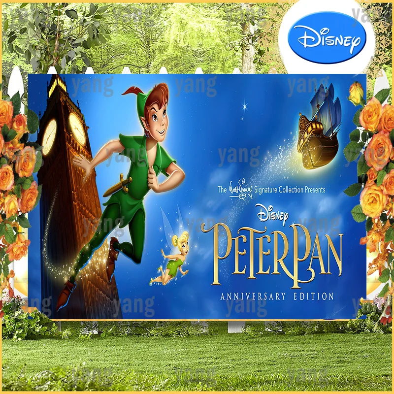 Custom Disney Peter Pan Backdrop Pastel Cartoon Kids Birthday Party Blue Decor Photography Background Polyester Banner Props