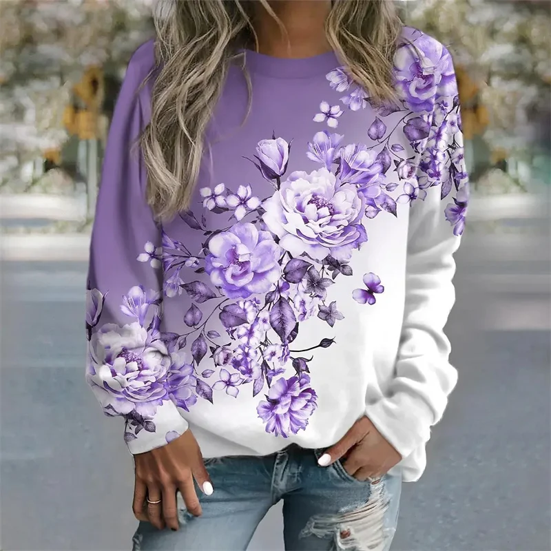 Women\'s Spring Long Sleeve T-shirts 3d Flower Printed Pullover Tops Fashion Casual O Neck Floral Women Clothes Graphic T-shirts