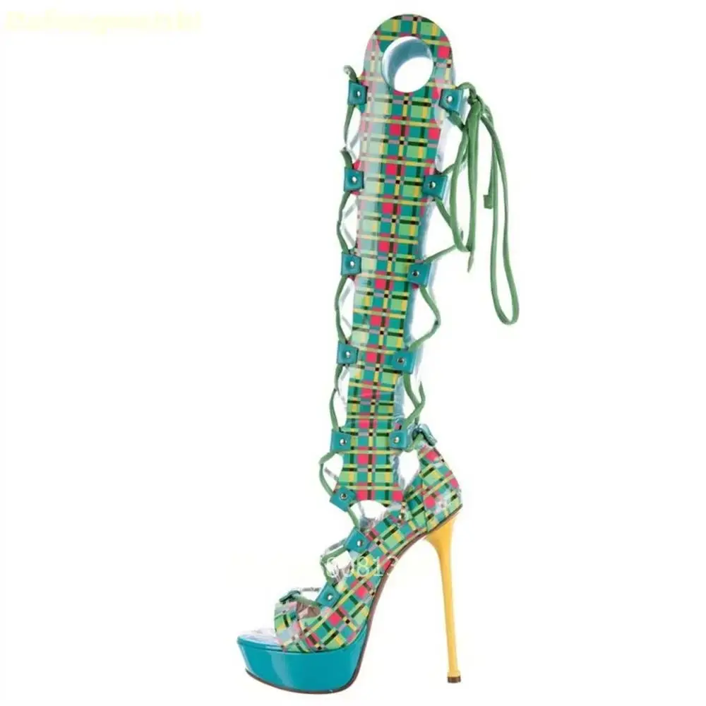 2026 New Women Multicolor Plaid Print Lace-Up Platform High Heel Knee High Gladiator Sandals Party Clubwear Stage Novelty Sandal
