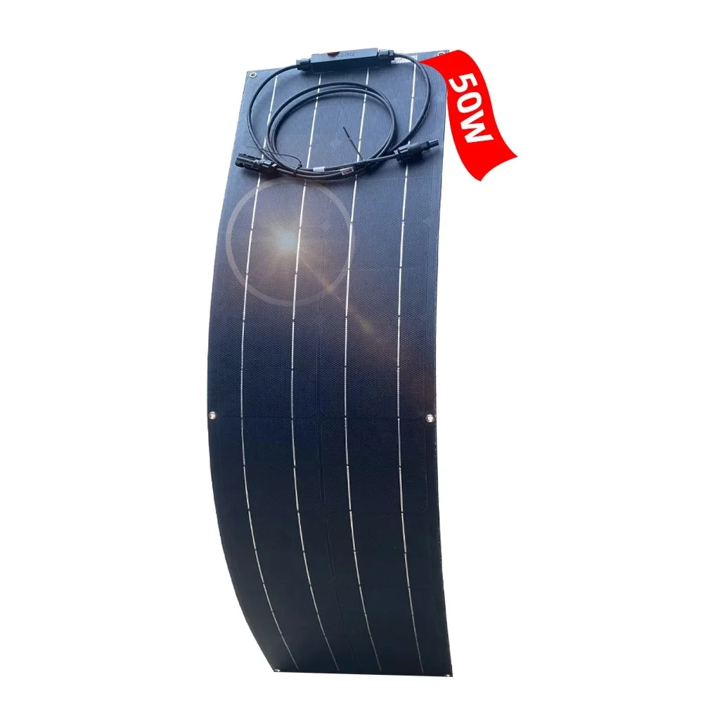 50W Flexible Solar Panel, Full Black ETFE Waterproof Lightweight  PERMonocrystalline Solar Cells for RV,Van,Camping,Tent