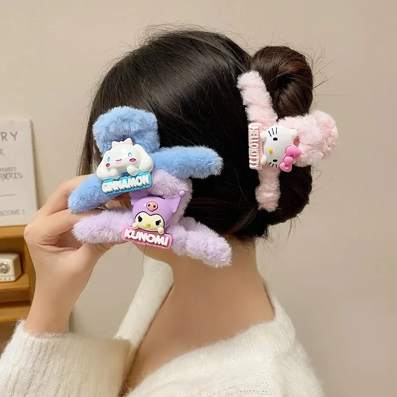 Kawaii Sanrio Clasp Hairpin Plush Kuromi Cinnamoroll Hellokitty Autumn Winter Anime Figure Ponytail Curled Hair Accesories Gifts