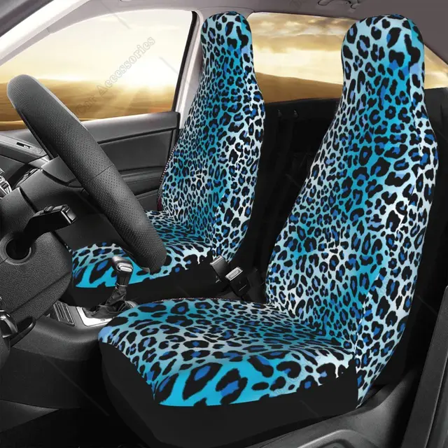 Niebieskie pokrowce na fotele samochodowe z nadrukiem lamparta dla mężczyzn i kobiet Wygodne ochraniacze przednich foteli Wild Cheetah Bucket Uniwersalne