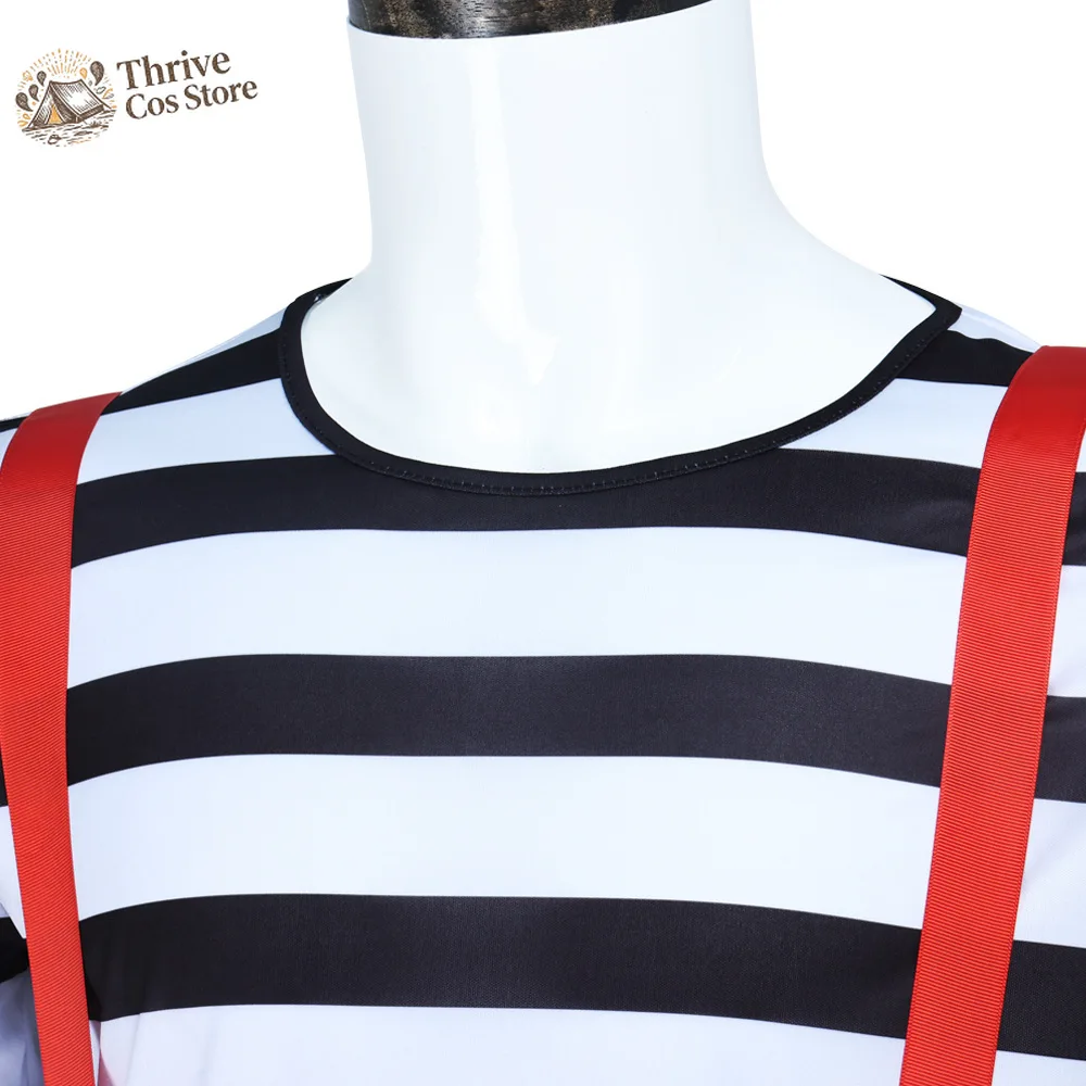 Nouveau Costume de Cosplay pour Homme, T-shirt Rayé Noir et Blanc, Style Artiste Mime Français Twin Dum Dee, Tenue de Scène pour Clown Miroir et Artiste de Spectacle Comique