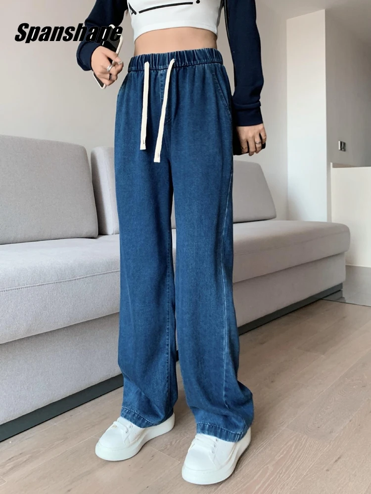 

Women's Classic Denim Jeans Wide Leg Elastic High Waist Drawstring Pants with Pockets Baggy Casual Denim Pants Trousers ouc1592